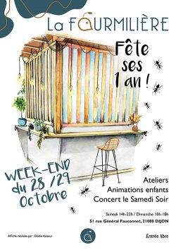 Affiche des 1 an de la Fourmilière Affiche évènement aquarelle graphiste